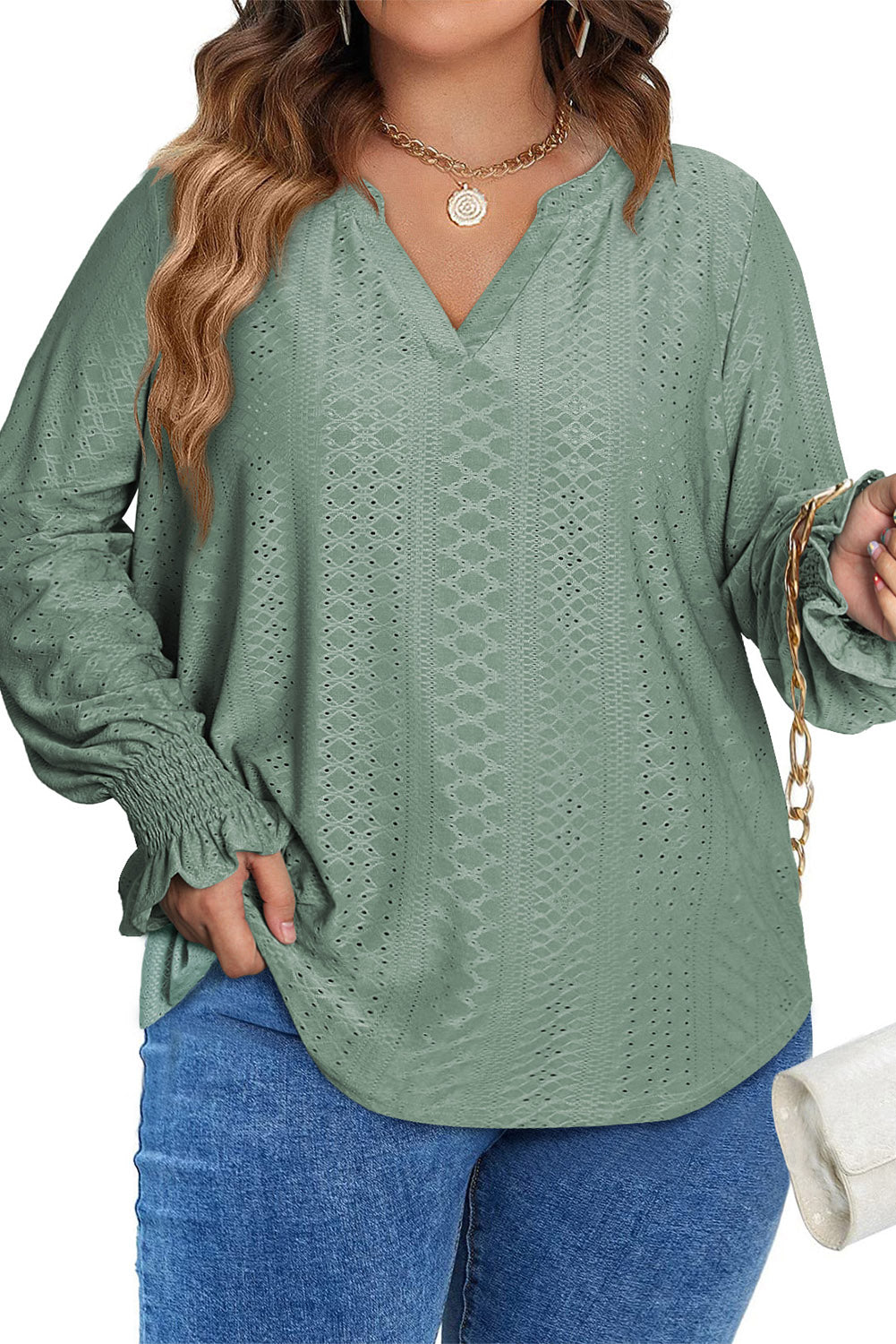 Green Eyelet Embroidered Split Neck Flounce Sleeve Curvy Top Plus Size JT's Designer Fashion