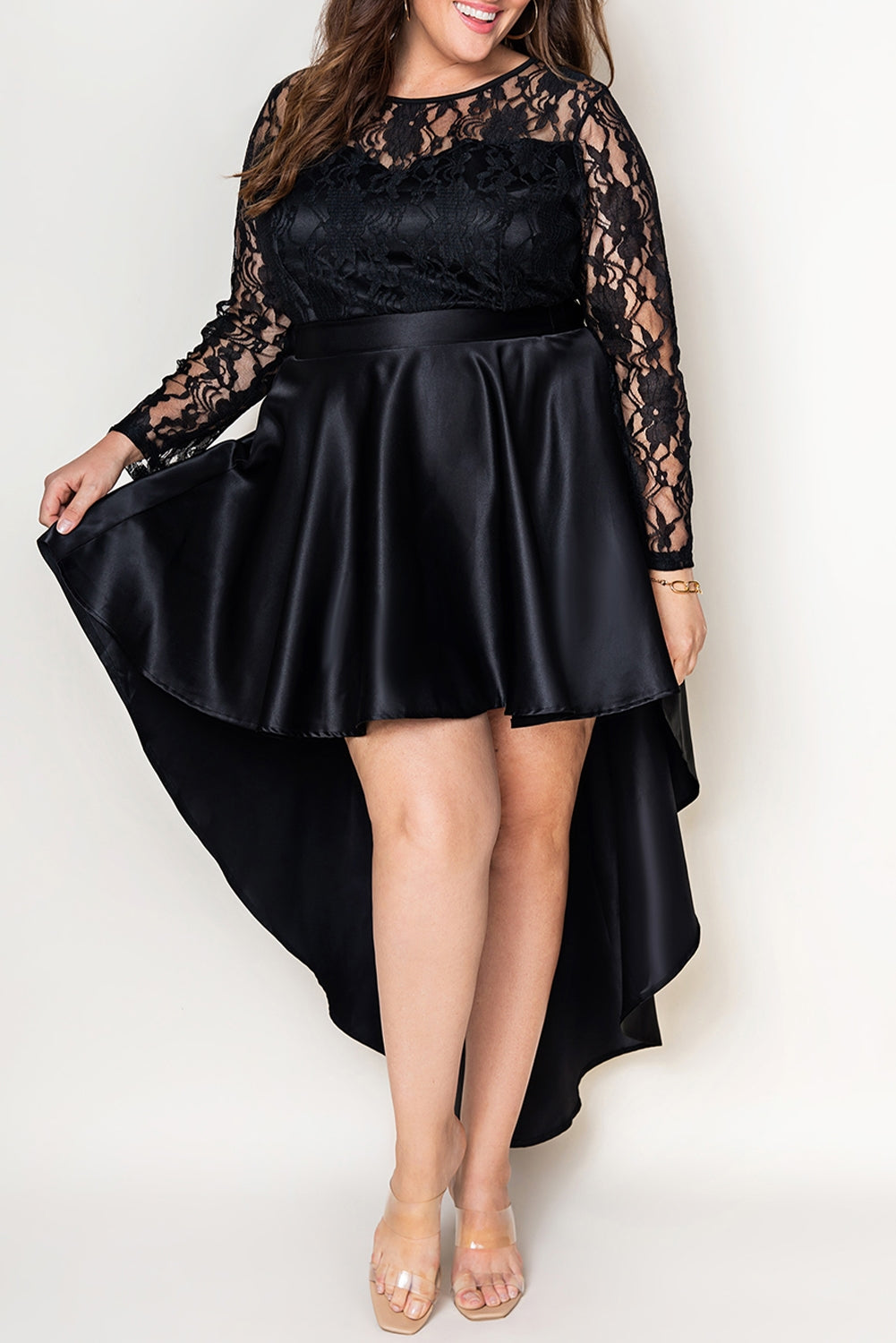 Black Plus Size Sheer Lace Splice High Low Satin Dress Plus Size Dresses JT's Designer Fashion