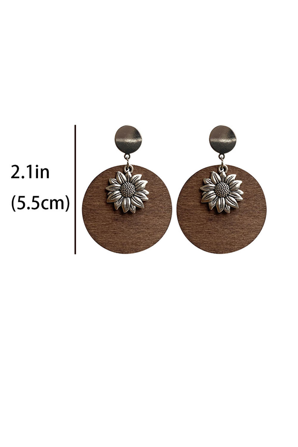 Silvery Retro Sunflower Round Wood Stud Earrings Jewelry JT's Designer Fashion