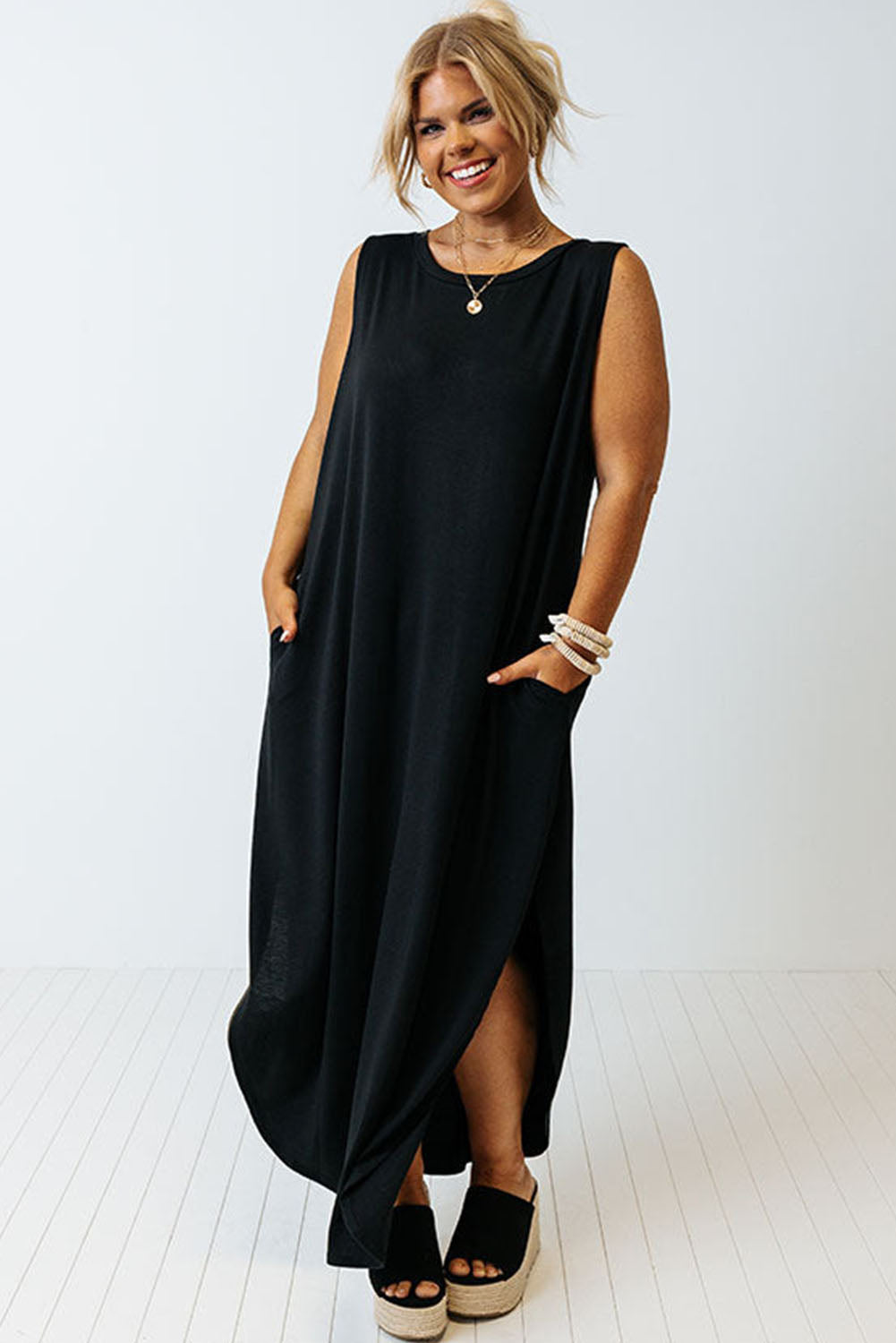 Black Plus Size Wide Sleeveless Shoulder Straps Maxi Dress Plus Size Dresses JT's Designer Fashion