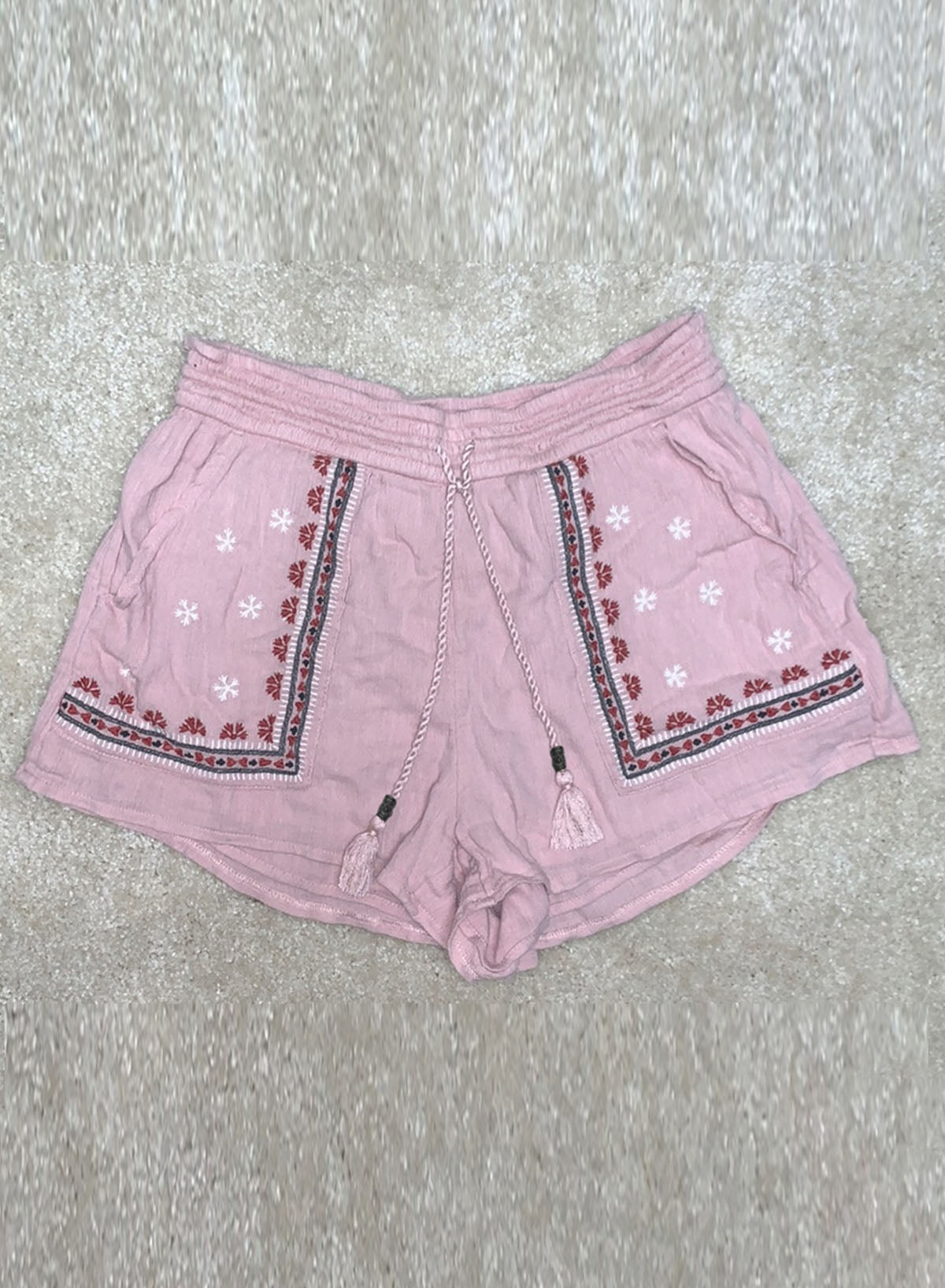 Pink Boho Embroidered Floral Tasseled Drawstring Waist Casual Shorts Casual Shorts JT's Designer Fashion