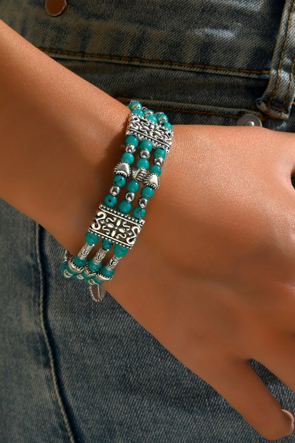 Green Boho Turquoise Beaded Geometric Carved Feather Bracelet Jewelry JT's Designer Fashion