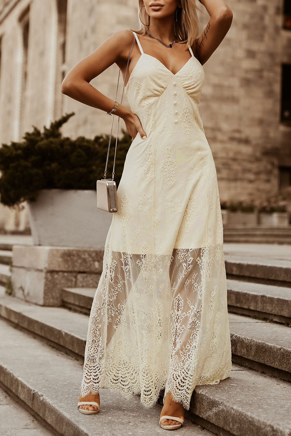 Beige Spaghetti Straps Chemise Lined Lace Maxi Dress Beige 95%Polyester+5%Elastane Maxi Dresses JT's Designer Fashion