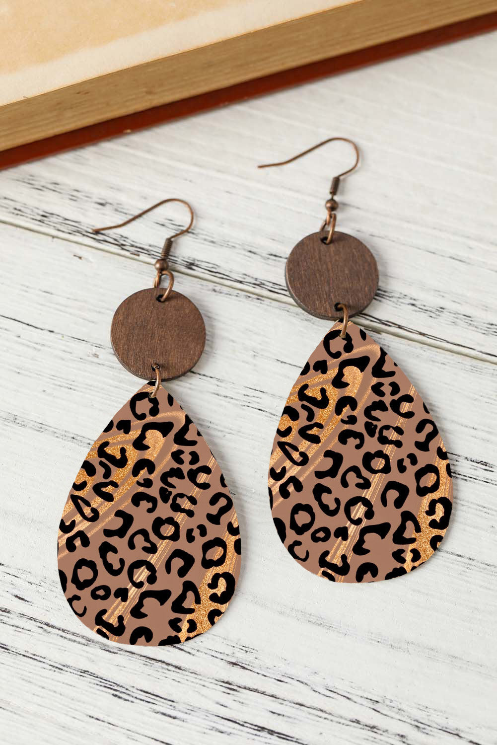 Chestnut Round Wood Leopard Print Drop Earrings Jewelry JT's Designer Fashion