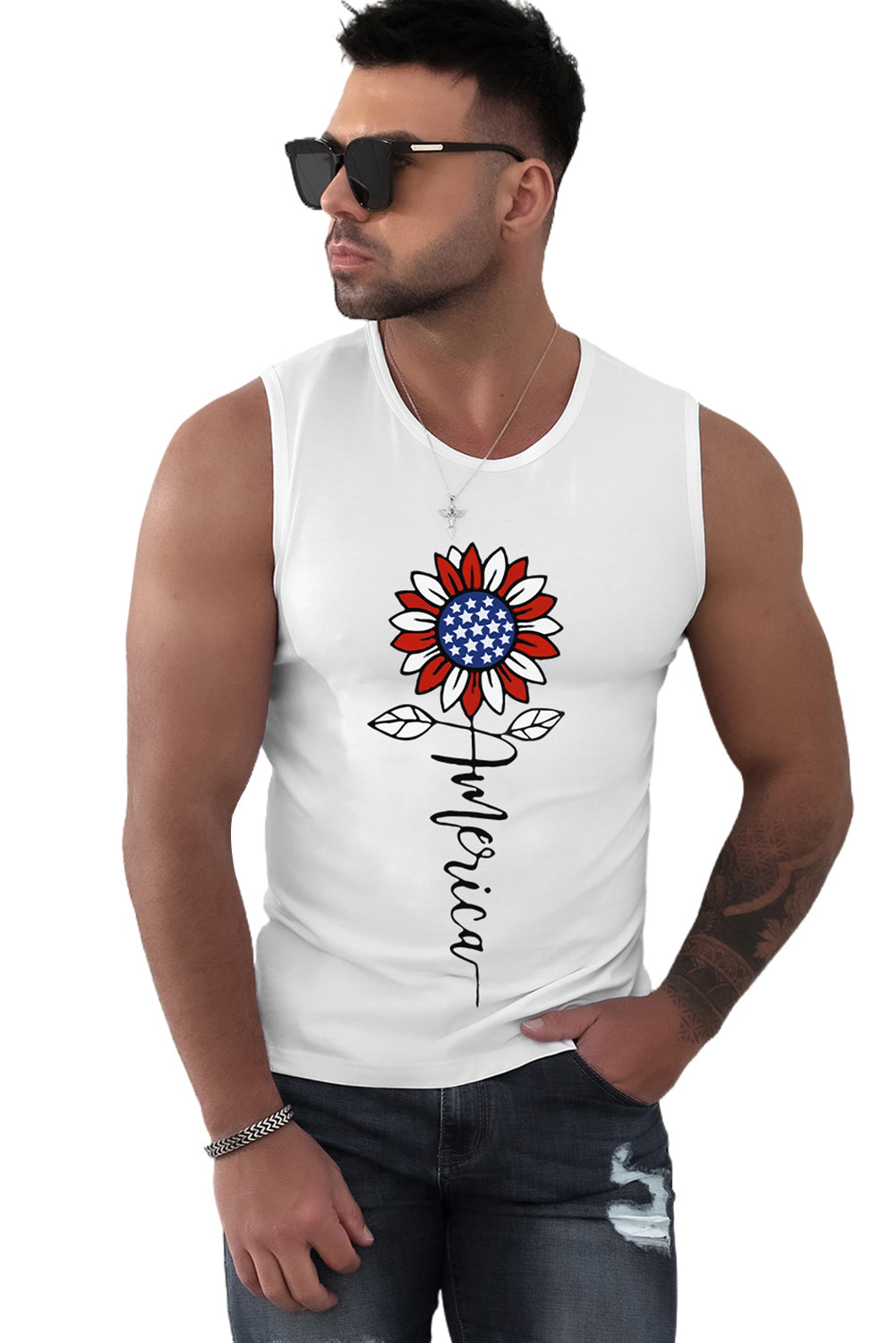 White America Flag Inspired Sunflower Graphic Mens Tank Top Men's Tops JT's Designer Fashion