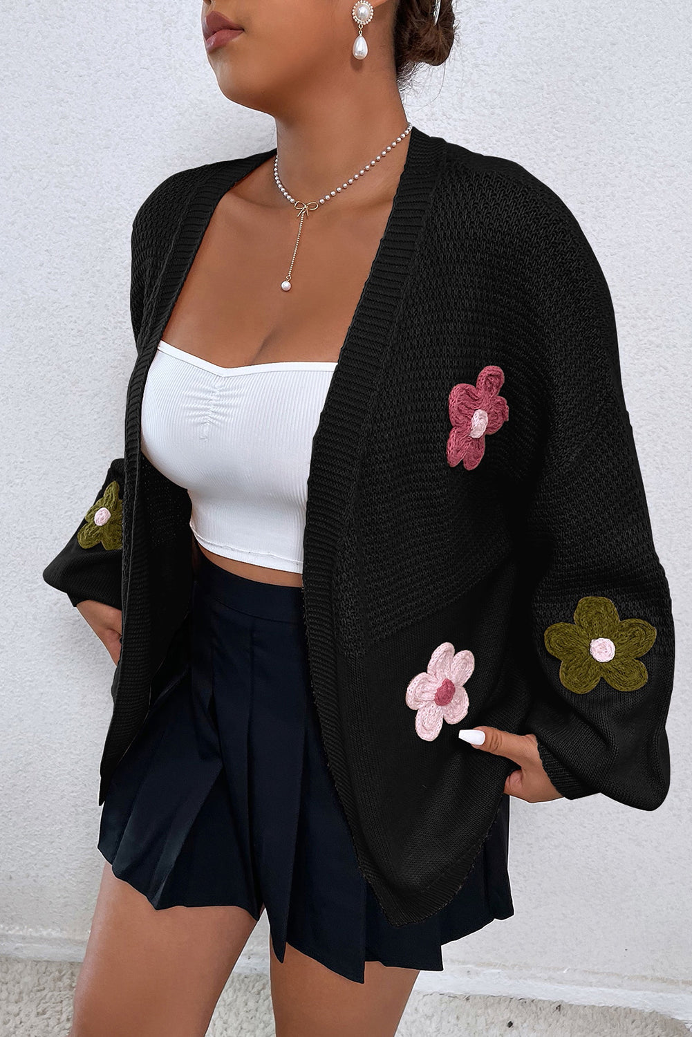 Black Floral Applique Drop Shoulder Bubble Sleeve Cardigan Pre Order Sweaters & Cardigans JT's Designer Fashion