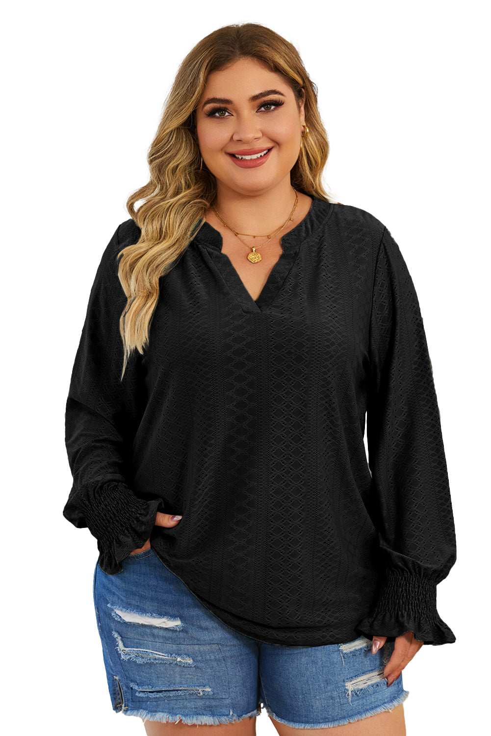 Black Eyelet Embroidered Split Neck Flounce Sleeve Curvy Top Plus Size JT's Designer Fashion