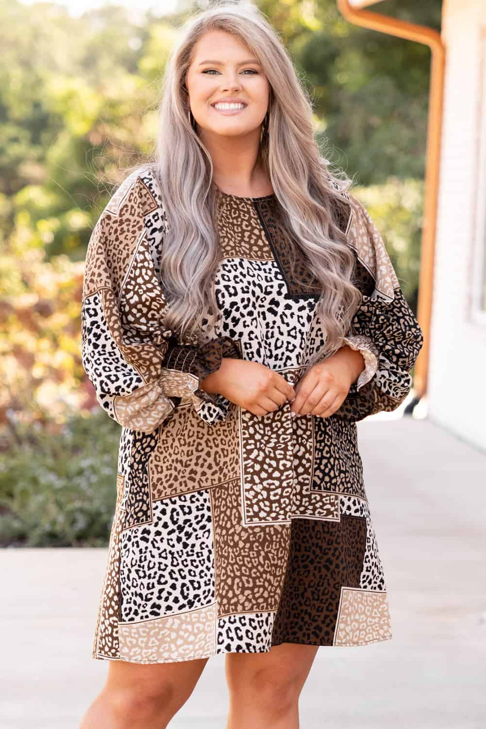 Chestnut Plus Size Mixed Leopard Print Puff Sleeve Dress Plus Size JT's Designer Fashion