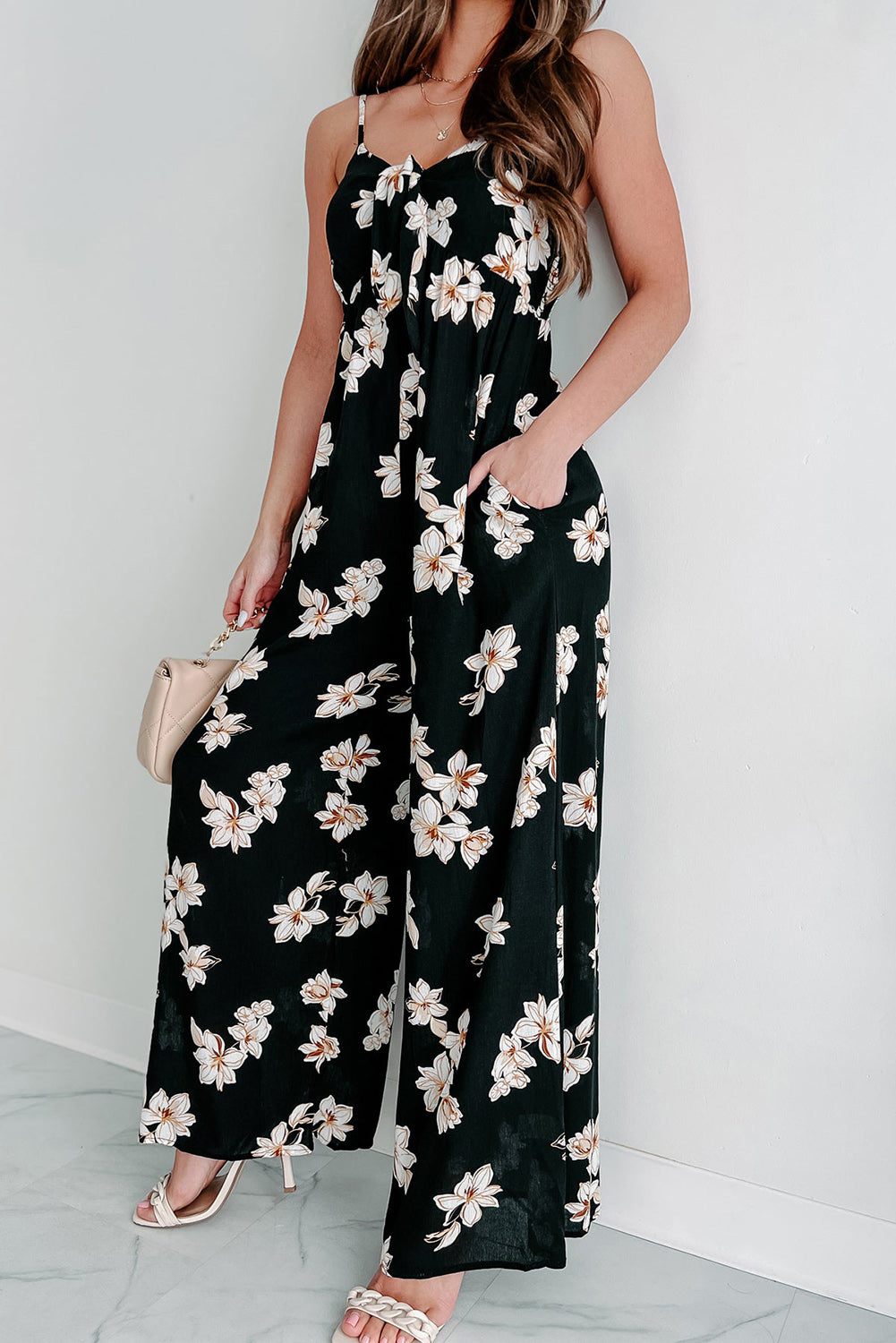 Black Tie Decor V Neck Floral Wide Leg Jumpsuit Jumpsuits & Rompers JT's Designer Fashion