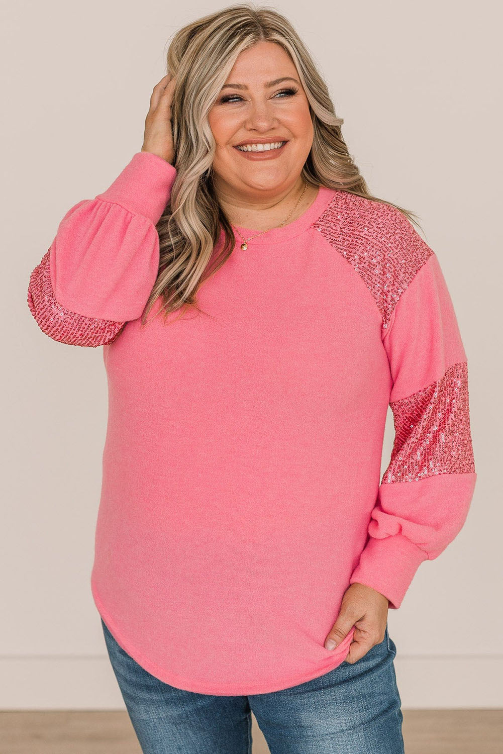 Pink Plus Size Sequin Patchwork Top Plus Size JT's Designer Fashion