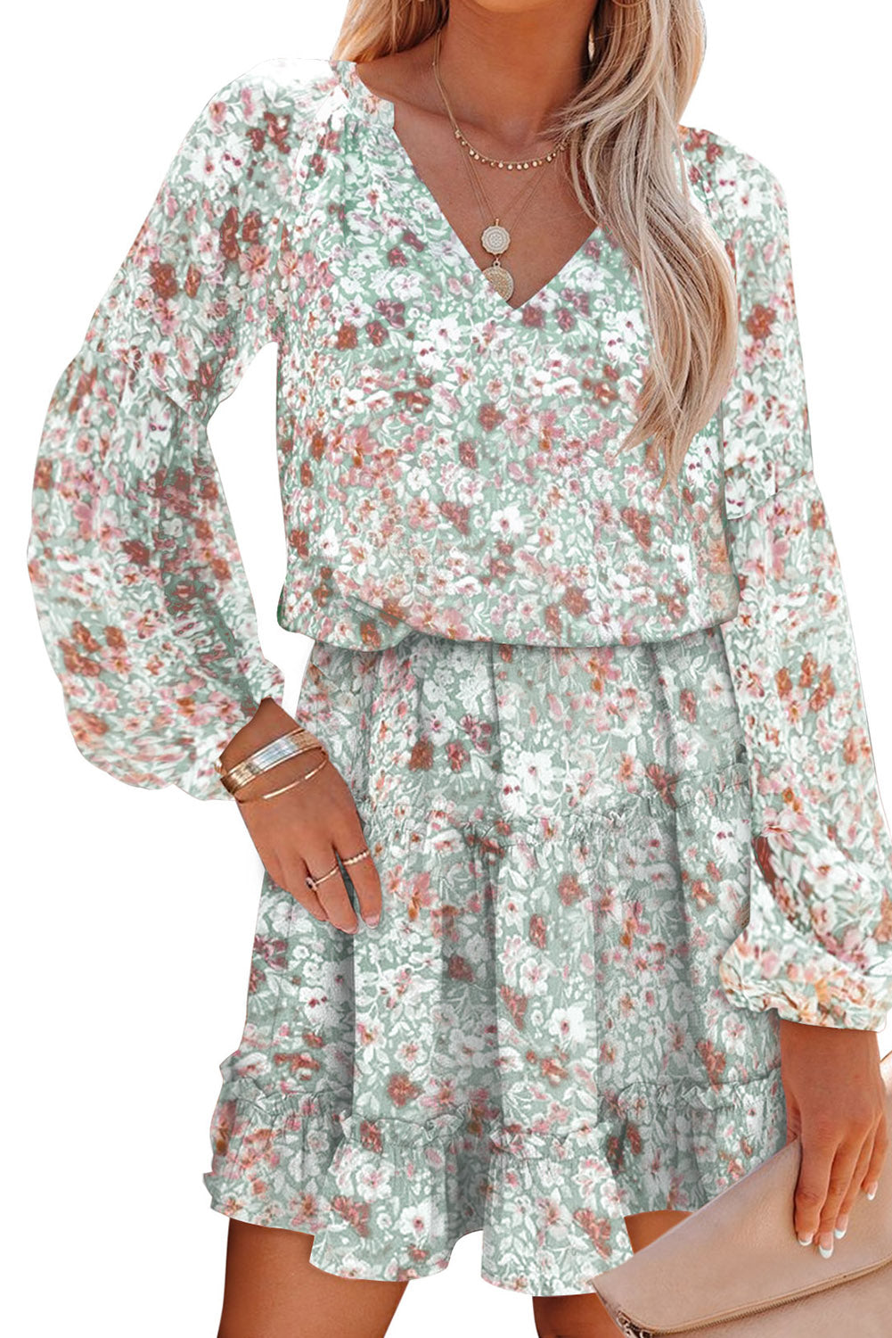 Green V Neck Puff Sleeves Floral Tunic Dress Floral Dresses JT's Designer Fashion