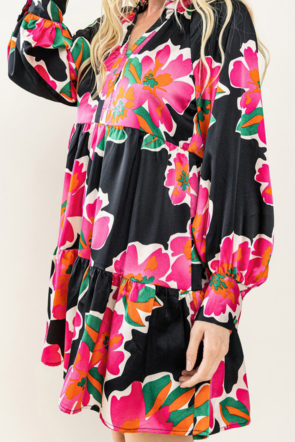 Multicolour Frill Collar Split Neck Long Sleeve Floral Dress Floral Dresses JT's Designer Fashion