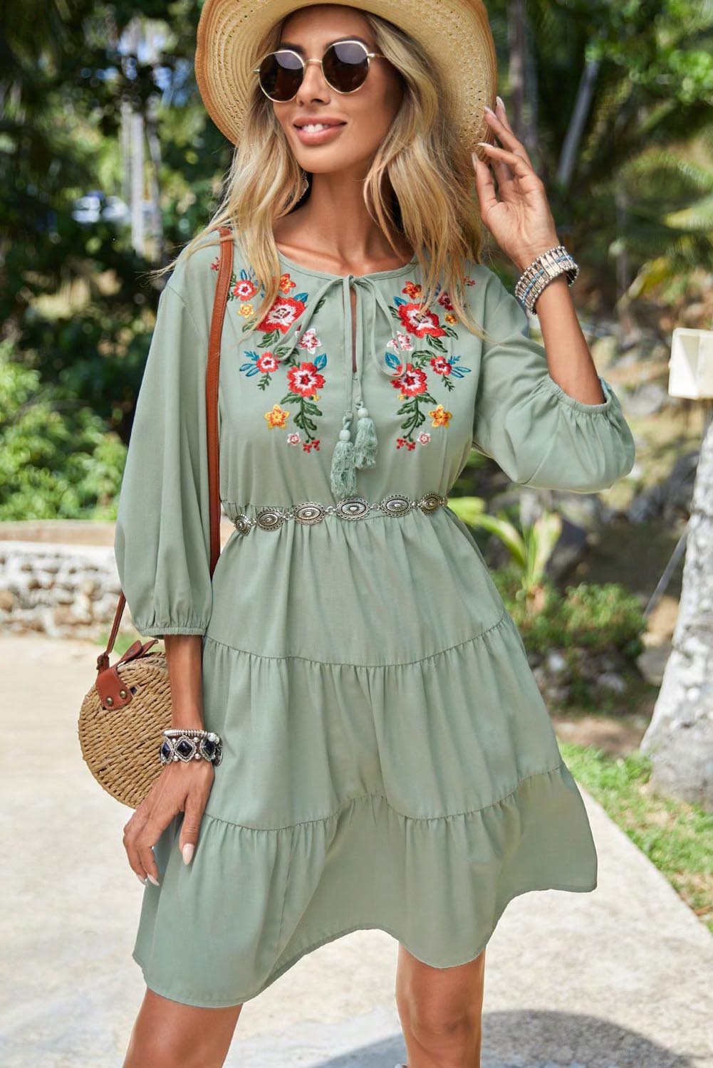 Green Floral Embroidery Tiered Ruffle Hem Dress Dresses JT's Designer Fashion