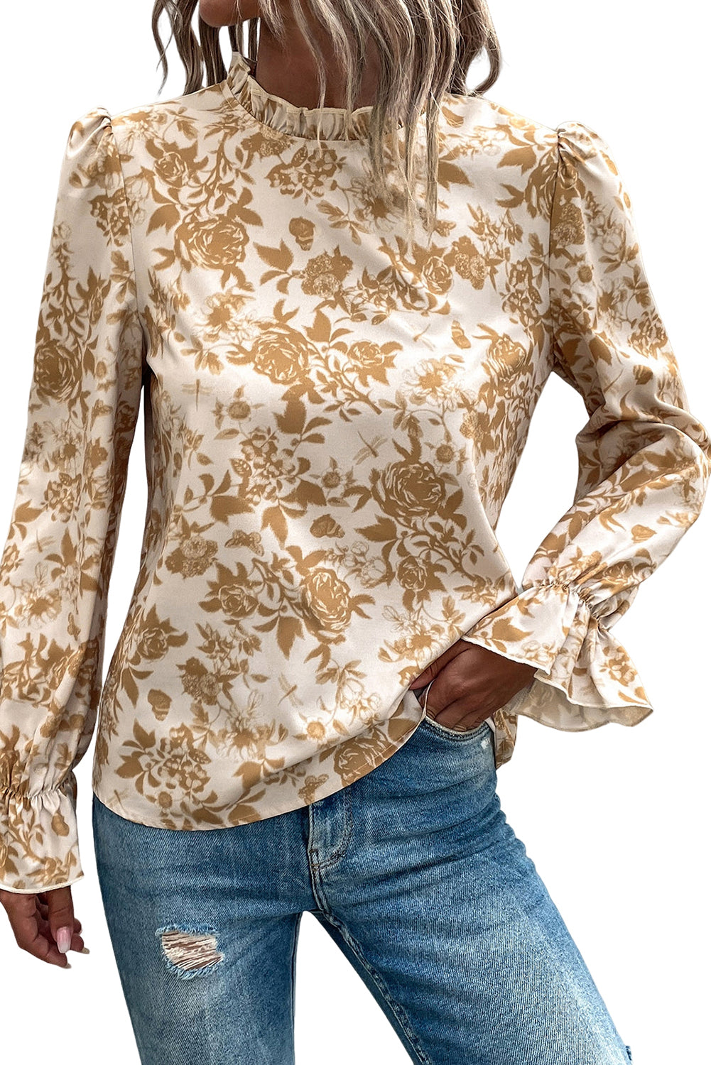 Snow White Floral Print Frilled Neckline Flounce Sleeve Blouse Tops & Tees JT's Designer Fashion