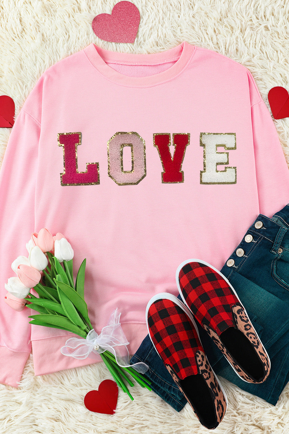 Pink Valentine LOVE Patch Sweatshirt Graphic Sweatshirts JT's Designer Fashion