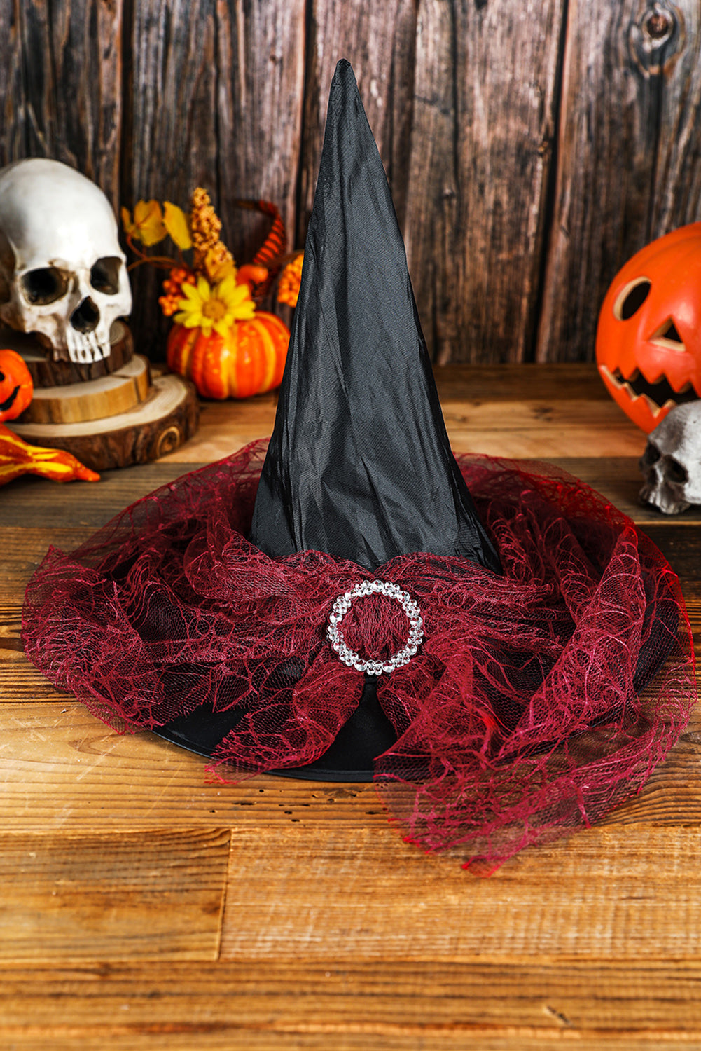 Ruby Mesh Decor Pointed Halloween Witch Hat Hats & Caps JT's Designer Fashion