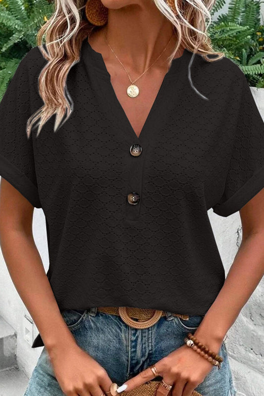 Black Eyelet Button-Accent Notch Neck Top Tops & Tees JT's Designer Fashion