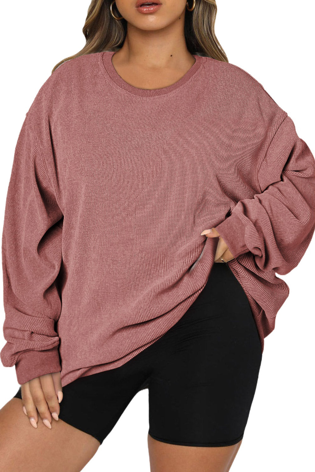 Pink Plus Size Corded Round Neck Sweatshirt Sweatshirts & Hoodies JT's Designer Fashion