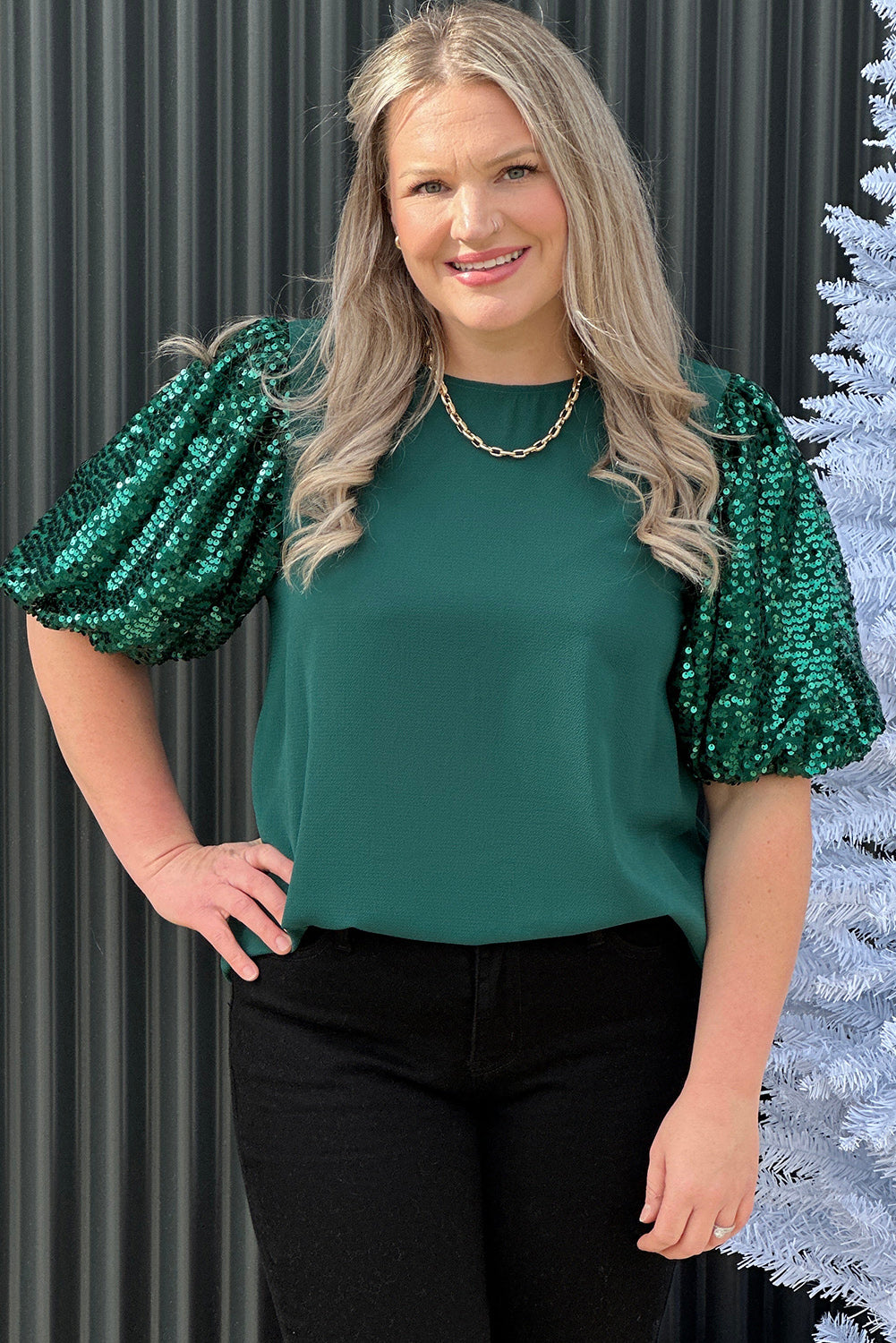 Blackish Green Sequin Short Puff Sleeve Top Plus Size JT's Designer Fashion