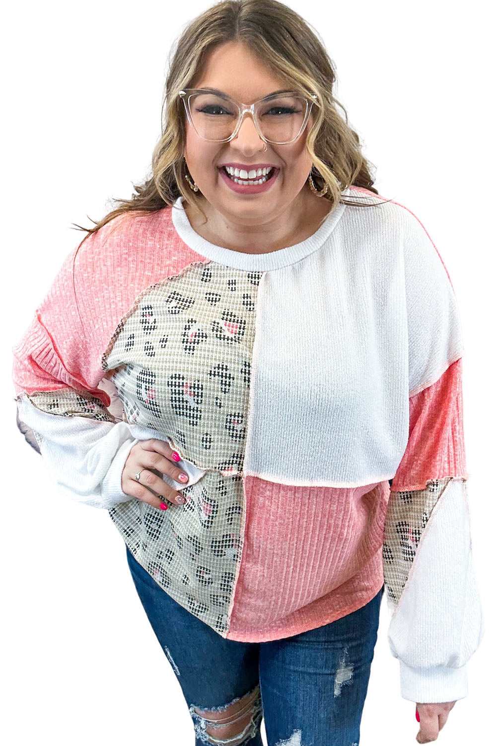 Pink Leopard Patchwork Color Block Knitted Plus Size Top Plus Size JT's Designer Fashion