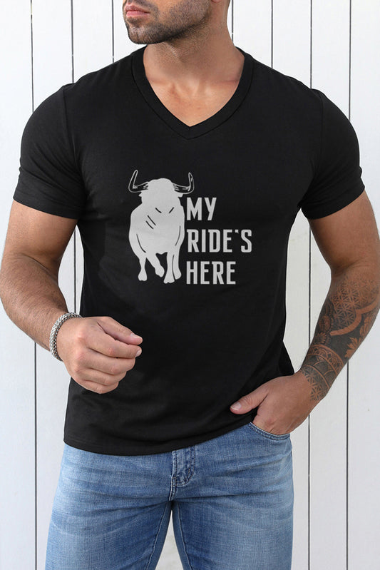 Black My Ride's Here Graphic Print V Neck Men's T Shirt Black 65%Polyester+30%Cotton+5%Elastane Men's Tops JT's Designer Fashion