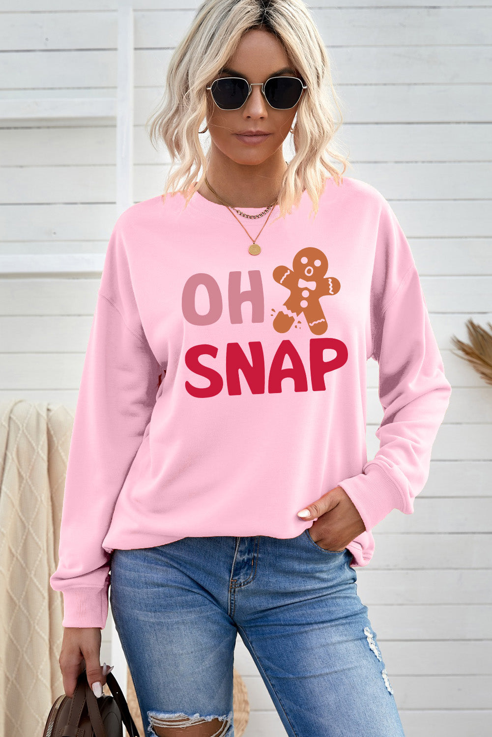 Pink OH SNAP Gingerbread Man Christmas Pullover Sweatshirt Graphic Sweatshirts JT's Designer Fashion