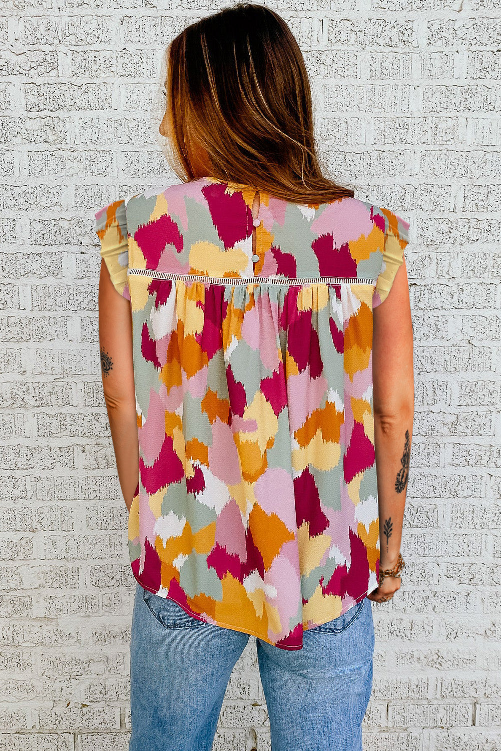 Multicolor Abstract Printed Flutter Tank Tank Tops JT's Designer Fashion