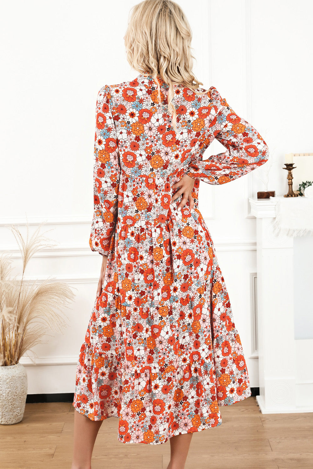 Orange Printed Floral Print Collared High Waist Plus Size Midi Dress Plus Size JT's Designer Fashion