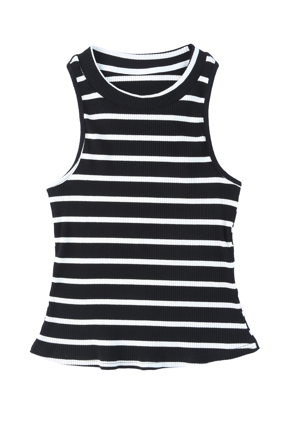 Black Striped Print Ribbed O-neck Sleeveless Top Tank Tops JT's Designer Fashion