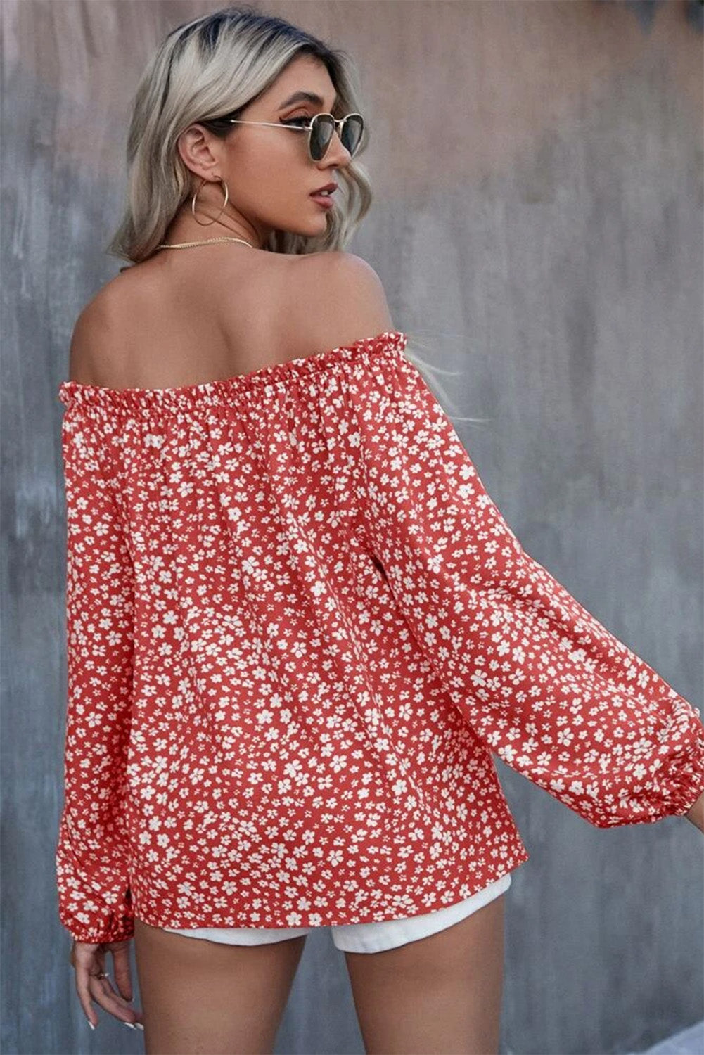 Red Floral Print Frill Trim Off-shoulder Lantern Sleeve Blouse Tops & Tees JT's Designer Fashion