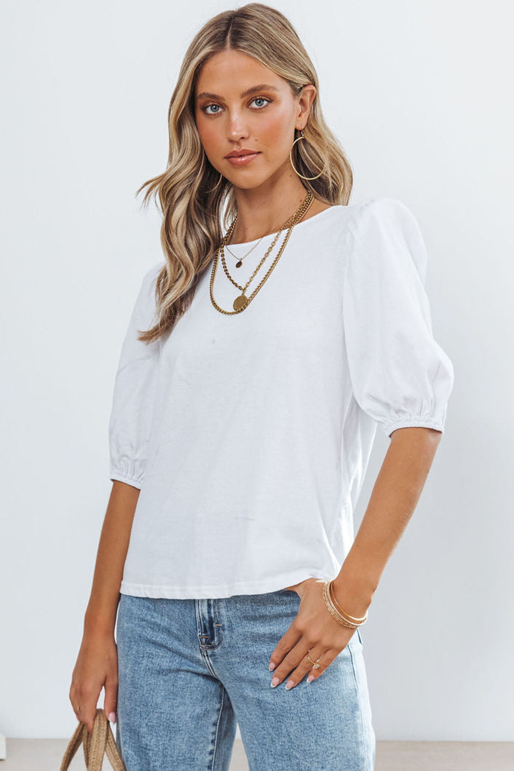 White Puff Sleeve Top with Keyhole Back Tops & Tees JT's Designer Fashion