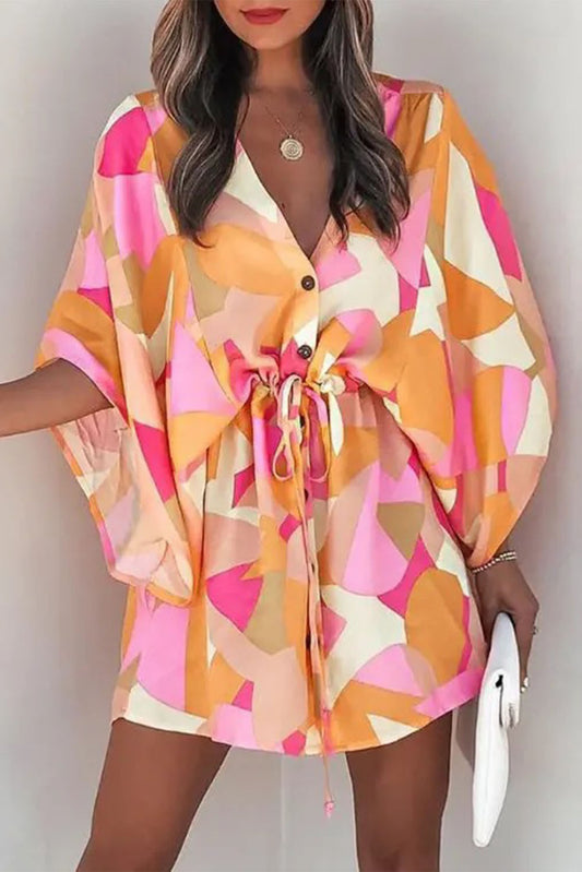 Pink Geometric Print Button Drawstring Batwing Sleeve Dress Mini Dresses JT's Designer Fashion