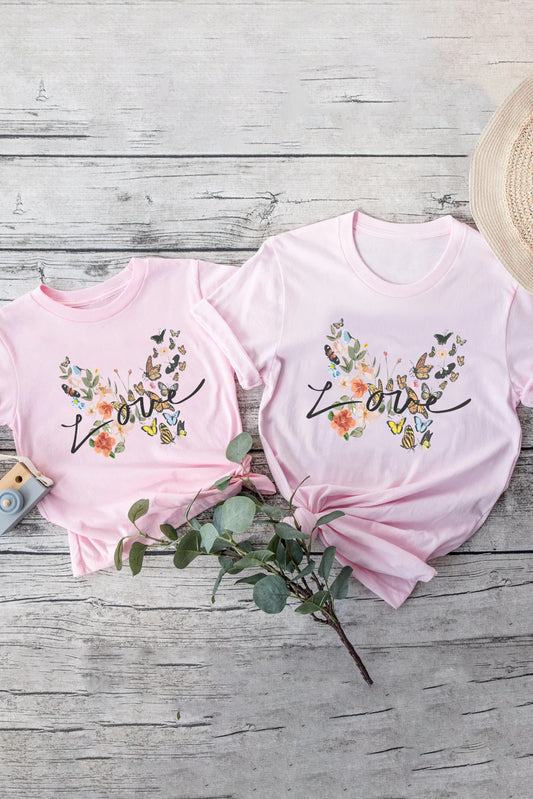 Pink Family Matching LOVE Butterfly Short Sleeve Girl's T Shirt Pink 95%Cotton+5%Elastane Family T-shirts JT's Designer Fashion