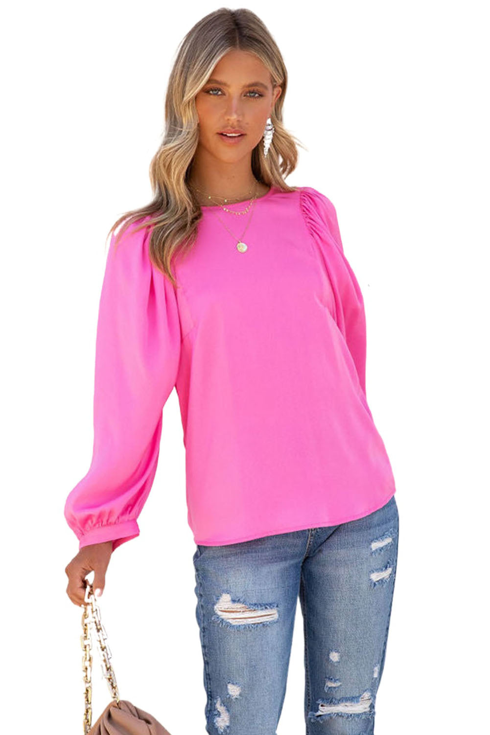 Barbie Style Pink Satin Puff Long Sleeve Crewneck Blouse Tops & Tees JT's Designer Fashion