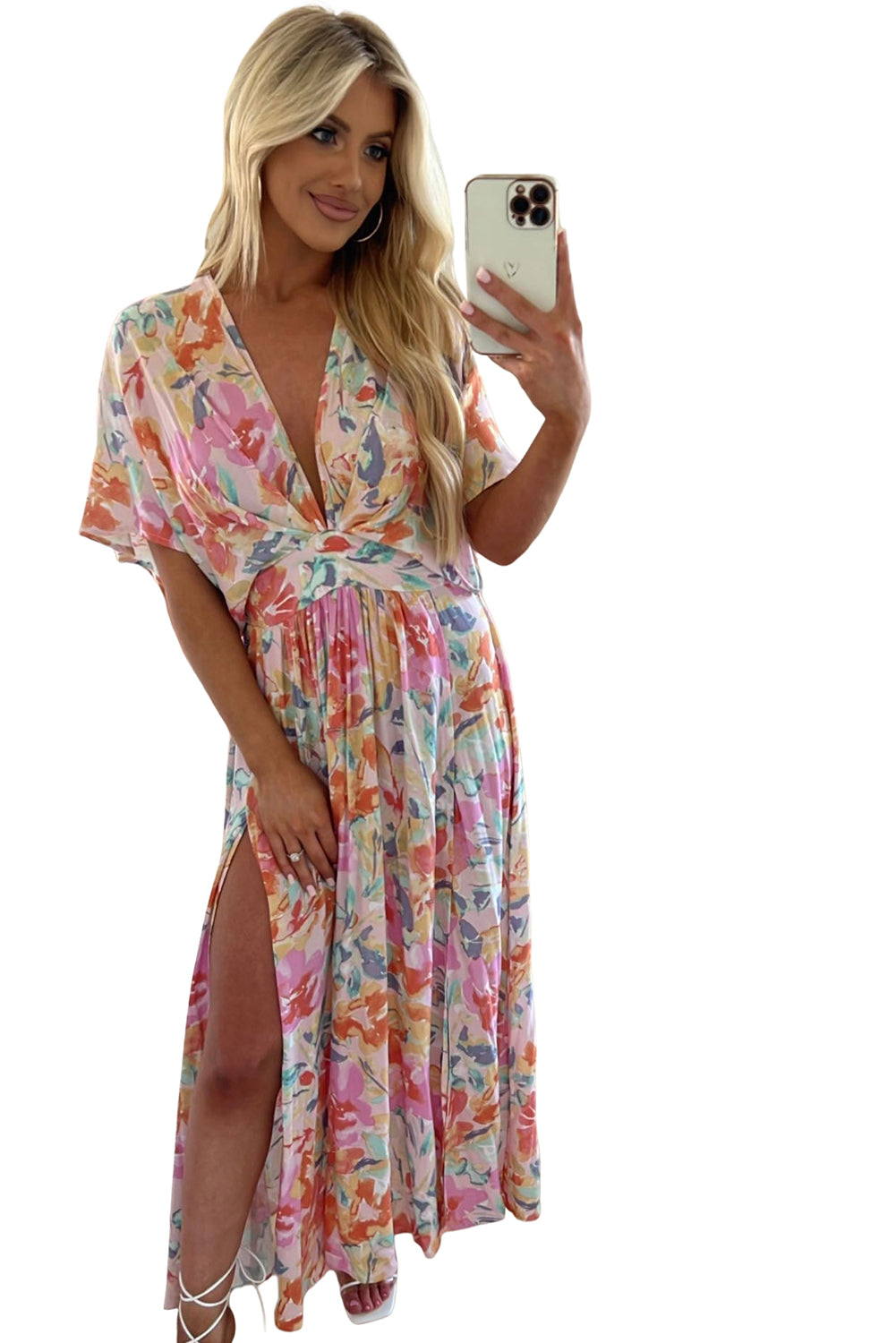 Multicolor Tropical Floral Print Ruched V Neck Maxi Dress Floral Dresses JT's Designer Fashion