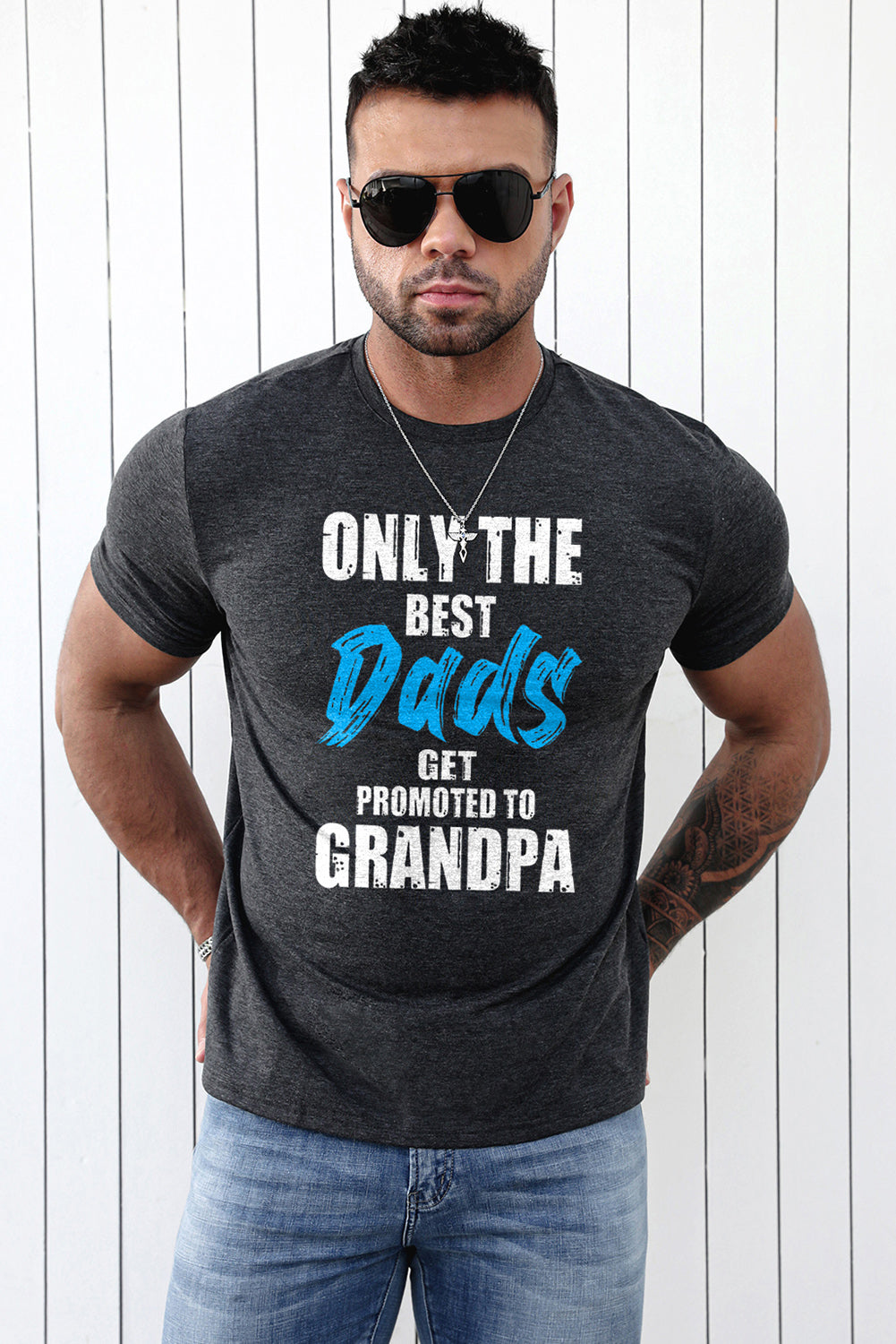 Gray Best Dad Promoted To Grandpa Mens Graphic Tee Men's Tops JT's Designer Fashion