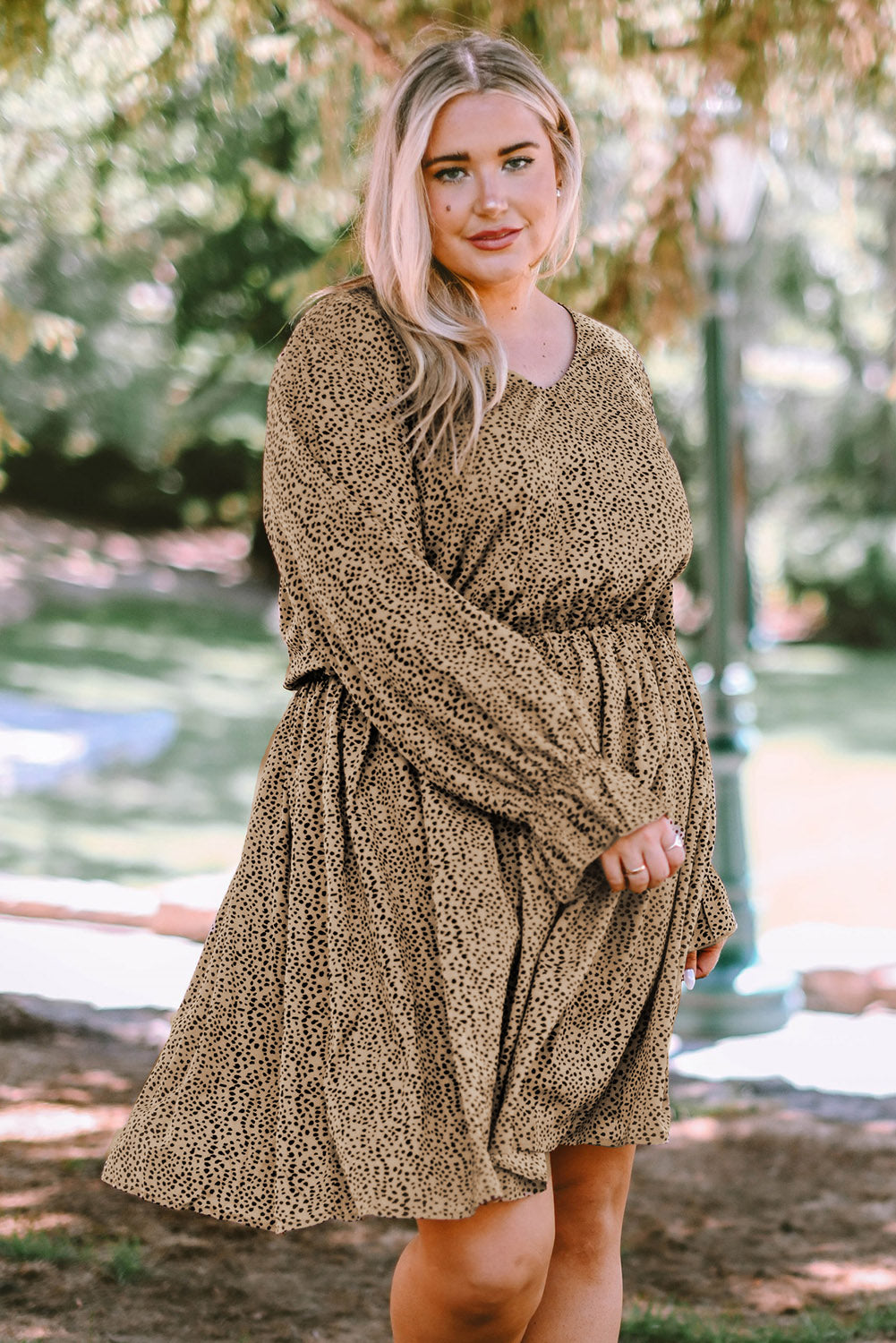 Khaki Plus Size Ruffled Long Sleeve Animal Spotted Print Dress Plus Size Dresses JT's Designer Fashion