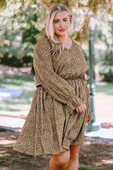Khaki Plus Size Ruffled Long Sleeve Animal Spotted Print Dress Plus Size Dresses JT's Designer Fashion