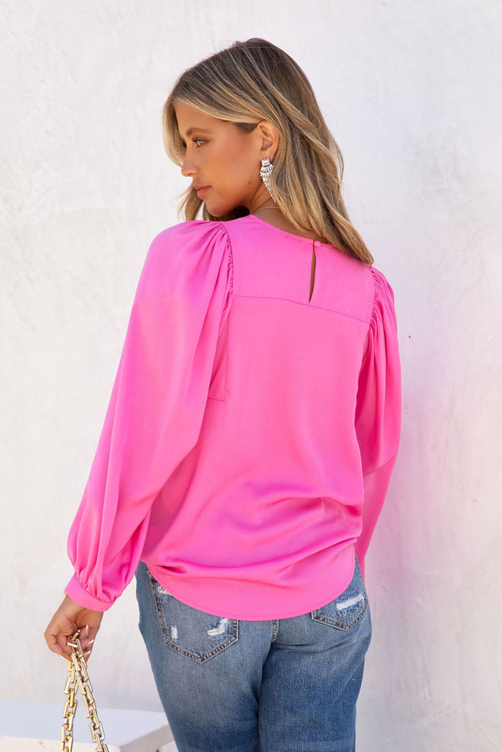 Barbie Style Pink Satin Puff Long Sleeve Crewneck Blouse Tops & Tees JT's Designer Fashion