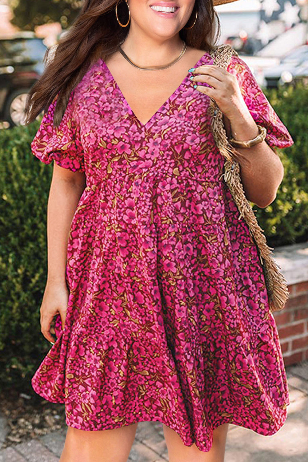 Rose Plus Size Floral V Neck Babydoll Dress Plus Size Dresses JT's Designer Fashion