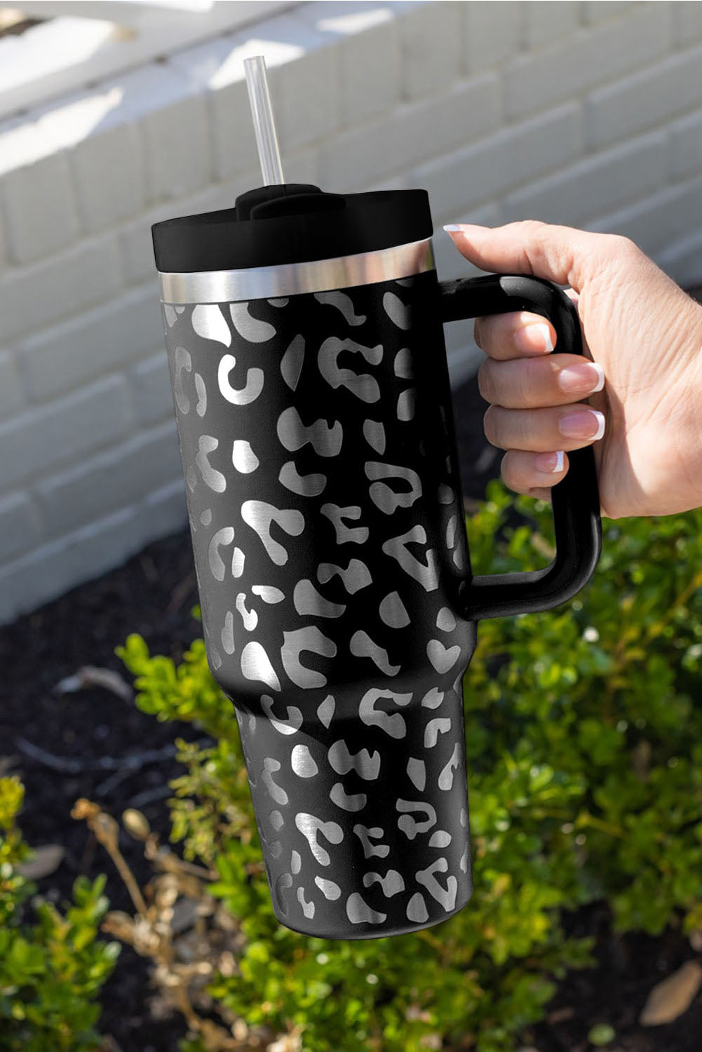 Black Leopard Print 40OZ Stainless Steel Portable Cup with Handle Tumblers JT's Designer Fashion