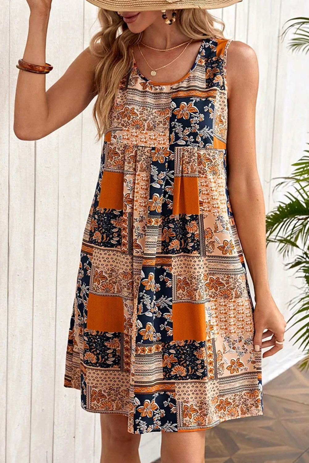 Orange Retro Floral Patchwork Print Sleeveless Mini Dress Floral Dresses JT's Designer Fashion