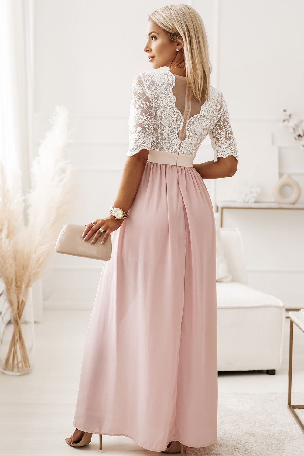 Pink Lace Crochet Patchwork Maxi Dress with Side Split Maxi Dresses JT's Designer Fashion