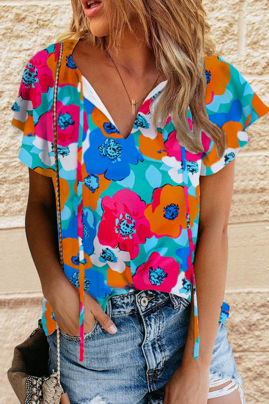 Multicolor Floral Print Drawstring V Neck Short Sleeve Blouse Blouses & Shirts JT's Designer Fashion