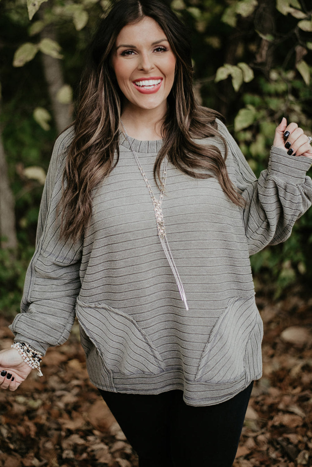 Gray Ribbed Side Pockets Long Sleeve Plus Size Top Plus Size JT's Designer Fashion