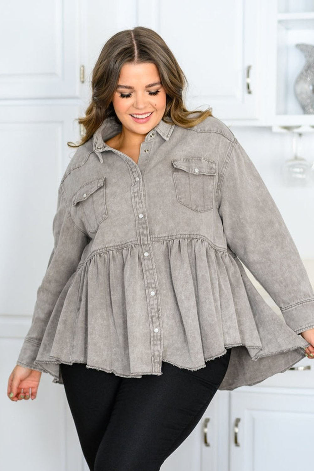 Gray Acid Wash Buttoned Ruffled Plus Size Denim Shacket Plus Size JT's Designer Fashion