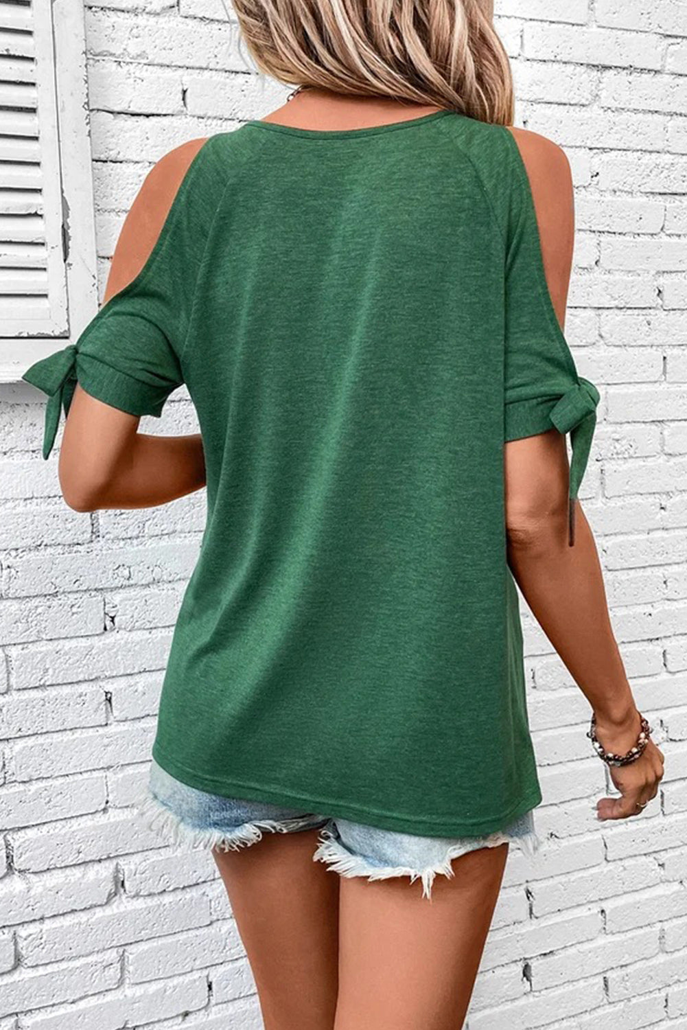 Green Knotted Cold Shoulder Sleeve Keyhole Front T Shirt Tops & Tees JT's Designer Fashion