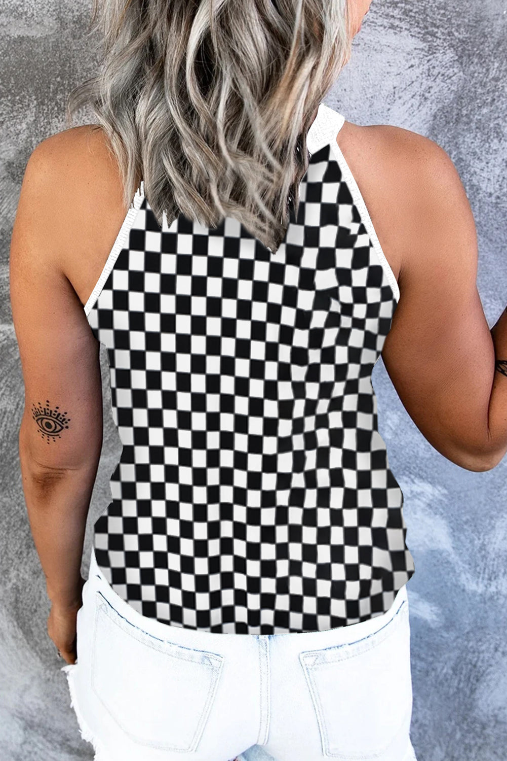 Black Plaid O Neck Sleeveless Tank Top Tank Tops JT's Designer Fashion