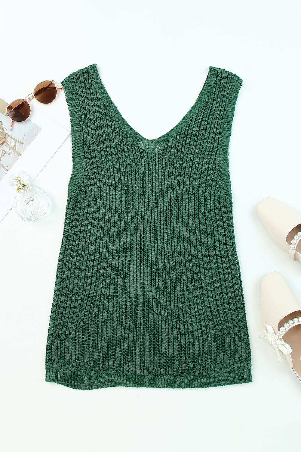 Green Hollowed Knit V Neck Tank Top Tank Tops JT's Designer Fashion