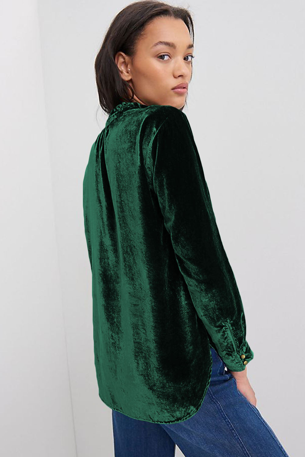 Blackish Green Frilled Neck Buttoned Front Velvet Top Tops & Tees JT's Designer Fashion